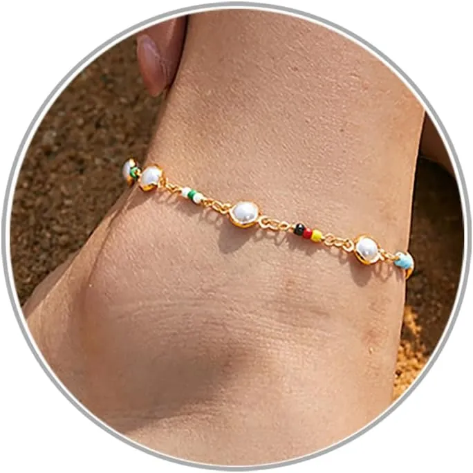 Gold Anklets Bracelets for Women 14K Gold Plated Dainty Pearl Ankle Bracelets Gold Pearl Anklets Crystal Pendant Pearl Anklet Summer Foot Jewelry