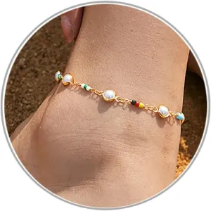 Gold Anklets Bracelets for Women 14K Gold Plated Dainty Pearl Ankle Bracelets Gold Pearl Anklets Crystal Pendant Pearl Anklet Summer Foot Jewelry