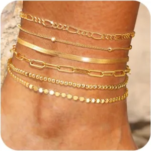 Gold Anklets for Women, 14k Gold Ankle Bracelets for Women Waterproof Cuban Link Anklets Layered Gold Beaded Anklet Bracelets Set Trendy Summer Jewelry for Women Fashion Christmas Gift