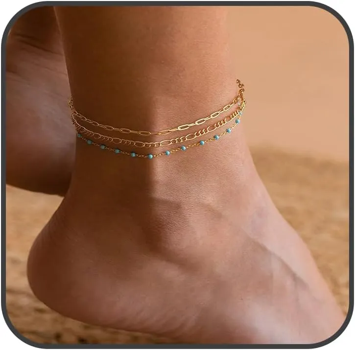 Gold Anklets for Women Round Beads Rope Anklets Dainty Chain Ankle Bracelets 3Pcs Stackable Rhinestone Anklets Waterproof Beach Jewelry