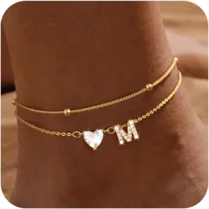 Gold Initial Ankle Bracelets for Women, 14K Gold Plated Dainty Love Heart CZ Trendy Layered Letter A-Z Waterproof Anklets Fashion Jewelry Gift for Women