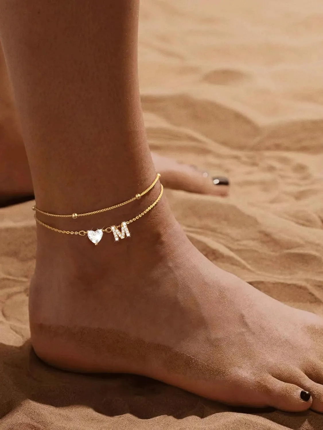 Gold Initial Ankle Bracelets for Women, 14K Gold Plated Dainty Love Heart CZ Trendy Layered Letter A-Z Waterproof Anklets Fashion Jewelry Gift for Women