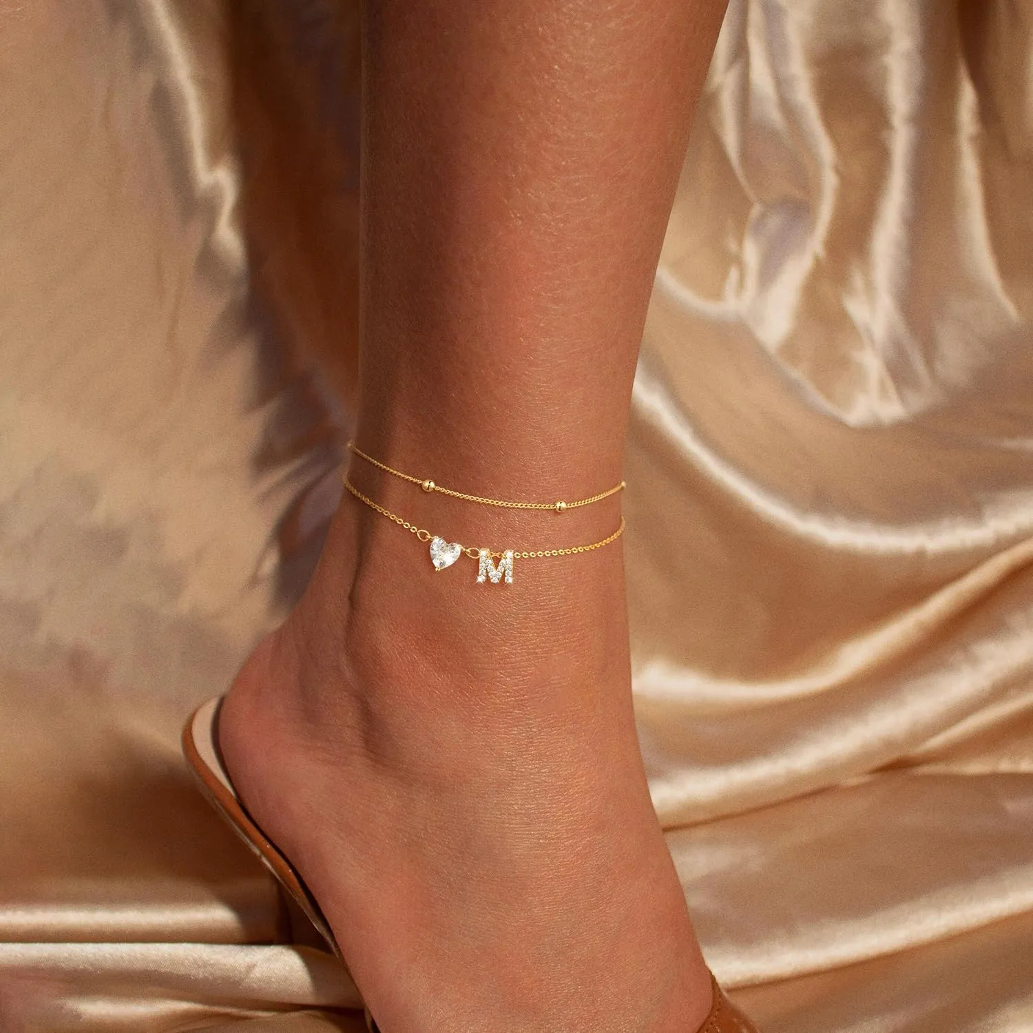 Gold Initial Ankle Bracelets for Women, 14K Gold Plated Dainty Love Heart CZ Trendy Layered Letter A-Z Waterproof Anklets Fashion Jewelry Gift for Women