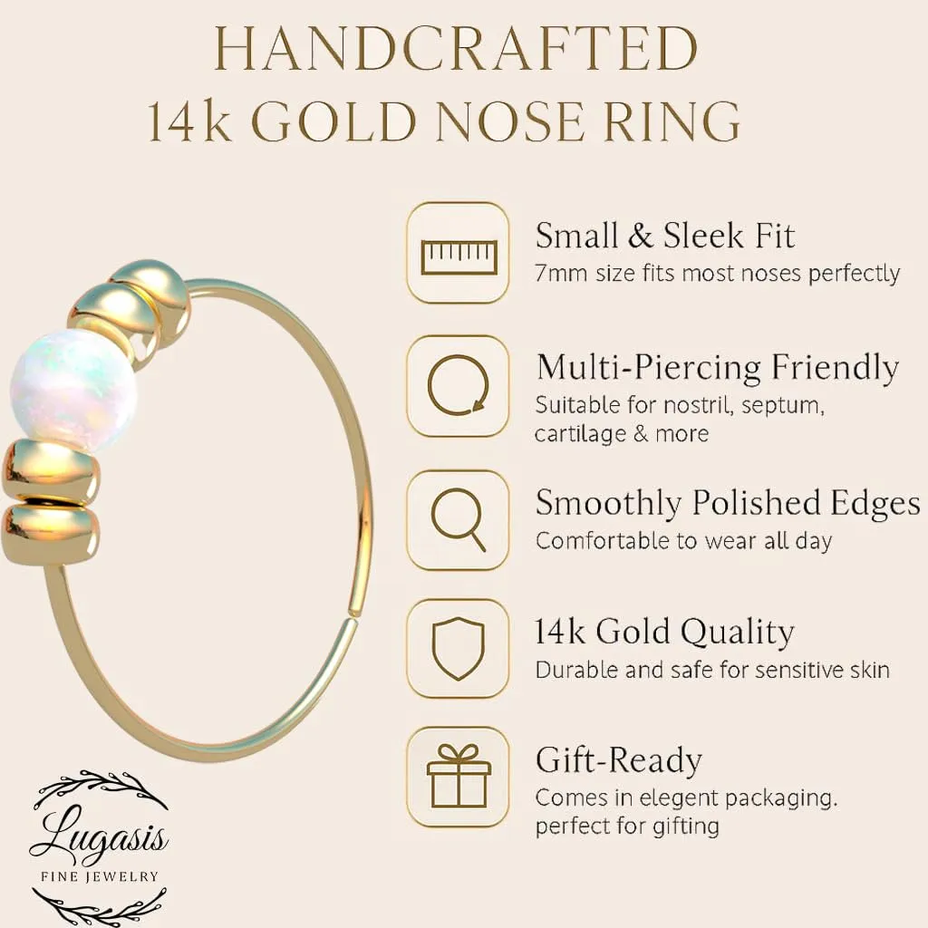 Gold Nose Ring - Thin Tiny 24 Gauge 7mm White Opal Nose Hoop - 14k Gold Filled Nose Rings For Women - Small Handmade Piercing Jewelry - Gift Ready