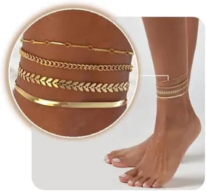 Gold Plated Anklets for Women, Modern Cuban Link Chain Herringbone Anklets Set, 7 Inches, 2 Count, Gold