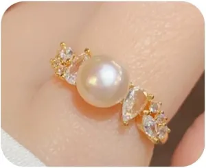Gold Plated Rings for Women, Unique Design Band with Cubic Zirconia and Pearl, Dainty Stackable Thumb Rings Statement Adjustbale Engagement Bands for Women
