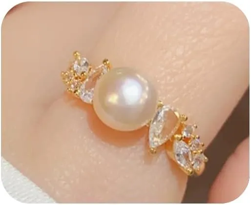 Gold Plated Rings for Women, Unique Design Band with Cubic Zirconia and Pearl, Dainty Stackable Thumb Rings Statement Adjustbale Engagement Bands for Women