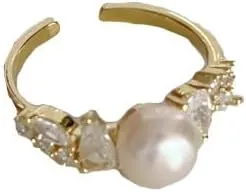 Gold Plated Rings for Women, Unique Design Band with Cubic Zirconia and Pearl, Dainty Stackable Thumb Rings Statement Adjustbale Engagement Bands for Women