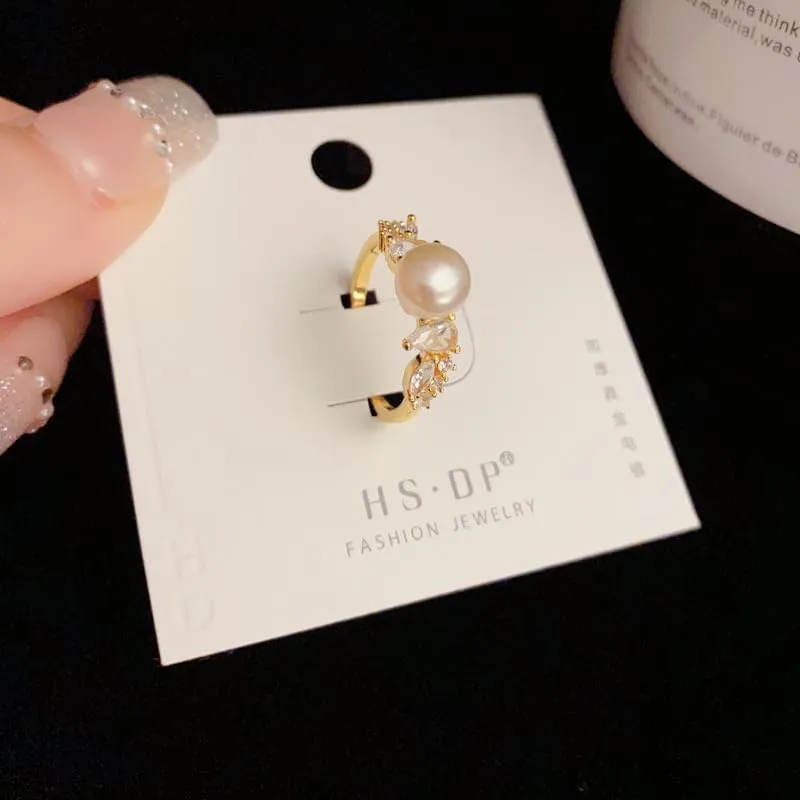 Gold Plated Rings for Women, Unique Design Band with Cubic Zirconia and Pearl, Dainty Stackable Thumb Rings Statement Adjustbale Engagement Bands for Women
