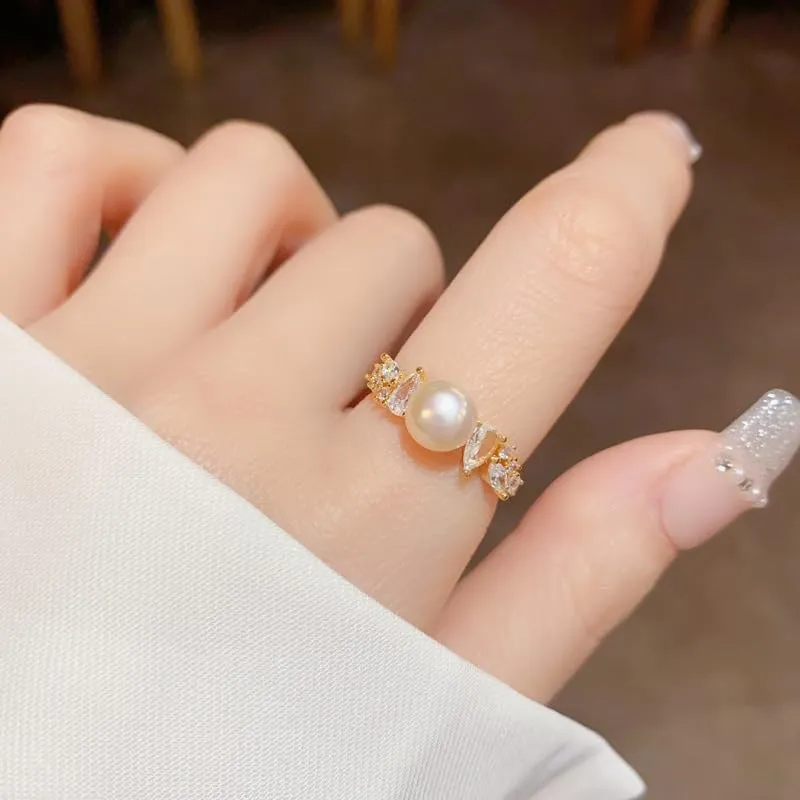 Gold Plated Rings for Women, Unique Design Band with Cubic Zirconia and Pearl, Dainty Stackable Thumb Rings Statement Adjustbale Engagement Bands for Women