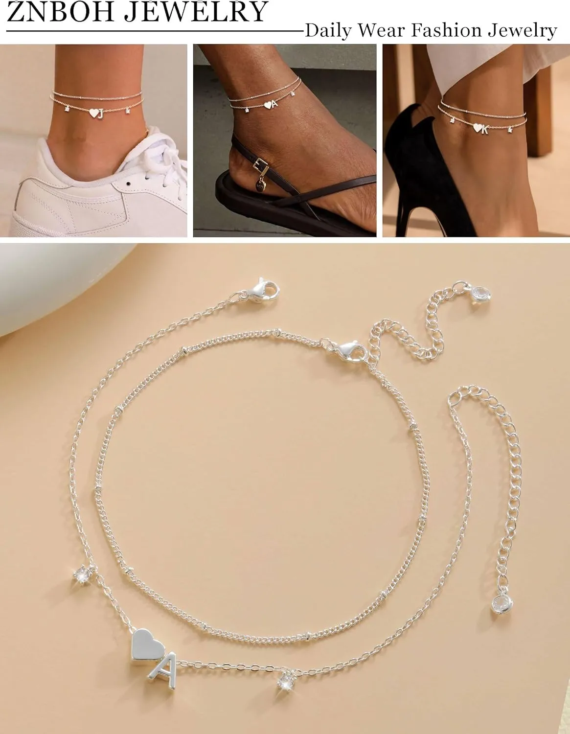 Gold Silver Ankle Bracelets for Women 14k Gold Plated Initial Anklets for Women Waterproof Non Tarnish Dainty Layered CZ Letter A-Z Heart Charm Anklet Set Summer Beach Foot Chain Jewelry Gift