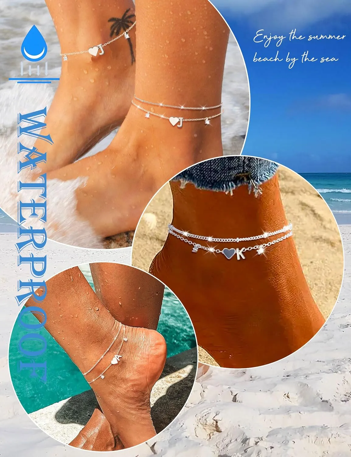 Gold Silver Ankle Bracelets for Women 14k Gold Plated Initial Anklets for Women Waterproof Non Tarnish Dainty Layered CZ Letter A-Z Heart Charm Anklet Set Summer Beach Foot Chain Jewelry Gift