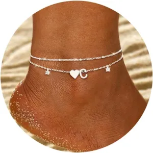 Gold Silver Ankle Bracelets for Women 14k Gold Plated Initial Anklets for Women Waterproof Non Tarnish Dainty Layered CZ Letter A-Z Heart Charm Anklet Set Summer Beach Foot Chain Jewelry Gift