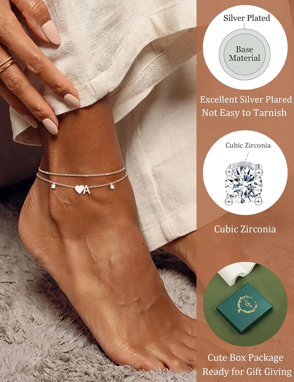 Gold Silver Ankle Bracelets for Women 14k Gold Plated Initial Anklets for Women Waterproof Non Tarnish Dainty Layered CZ Letter A-Z Heart Charm Anklet Set Summer Beach Foot Chain Jewelry Gift