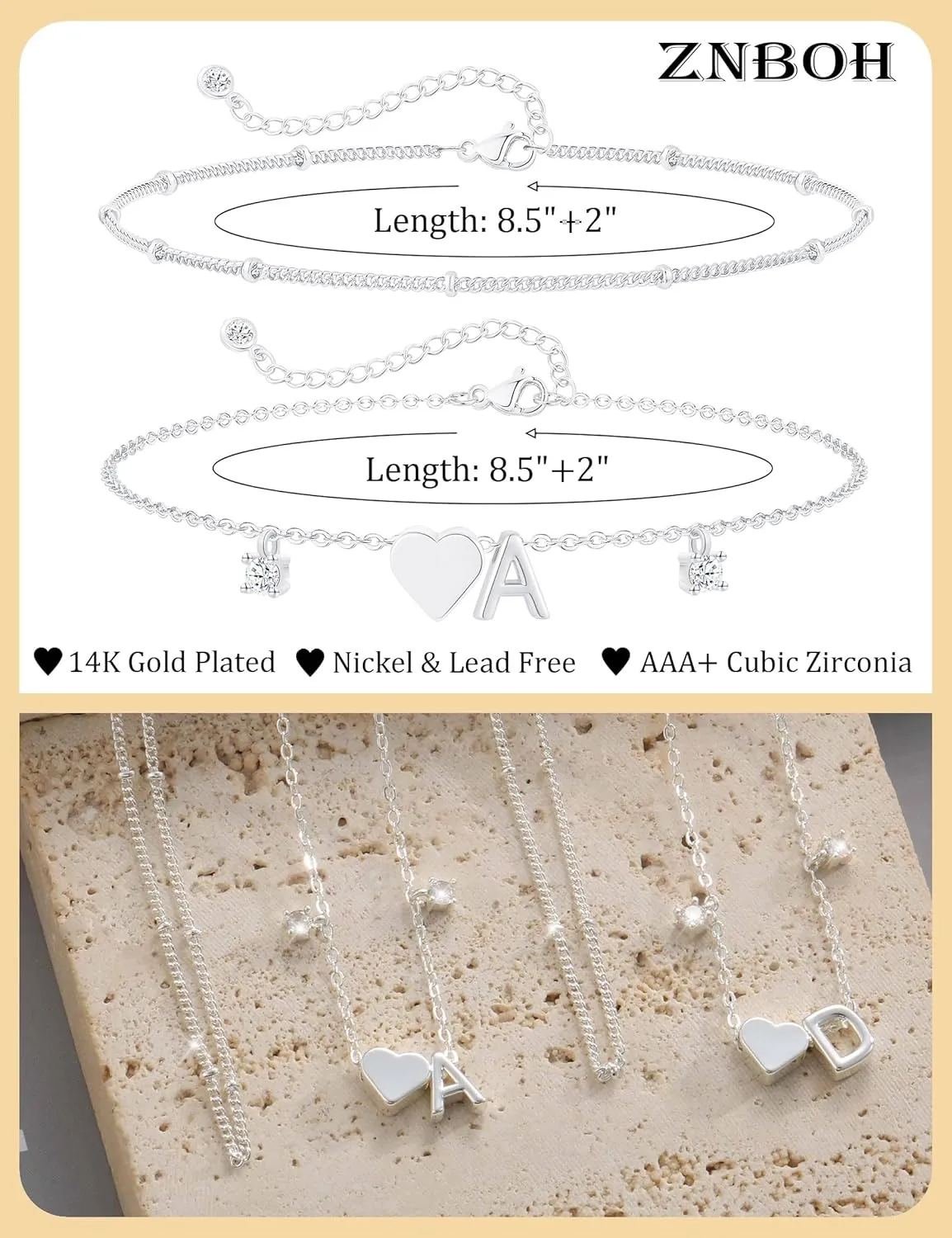 Gold Silver Ankle Bracelets for Women 14k Gold Plated Initial Anklets for Women Waterproof Non Tarnish Dainty Layered CZ Letter A-Z Heart Charm Anklet Set Summer Beach Foot Chain Jewelry Gift