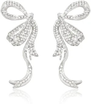 Gold/Silver/Pink Bow Earrings for Women, Cute Crystal Ribbon Stud S925 Silver Post, Trendy Rhinestone Minimalist Small Jewelry for Prom Birthday Party