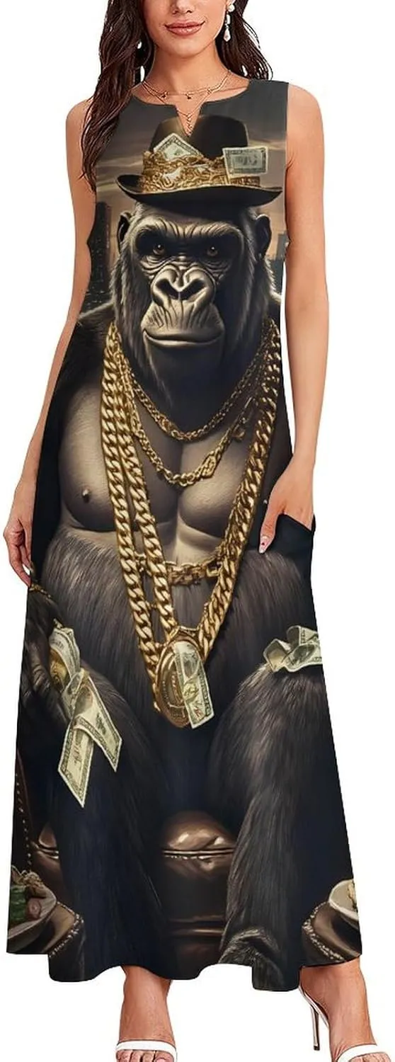 Gorilla Women's Casual Dresses Formal Sleeveless Maxi Dress Summer Beach Long Sundress with Pockets