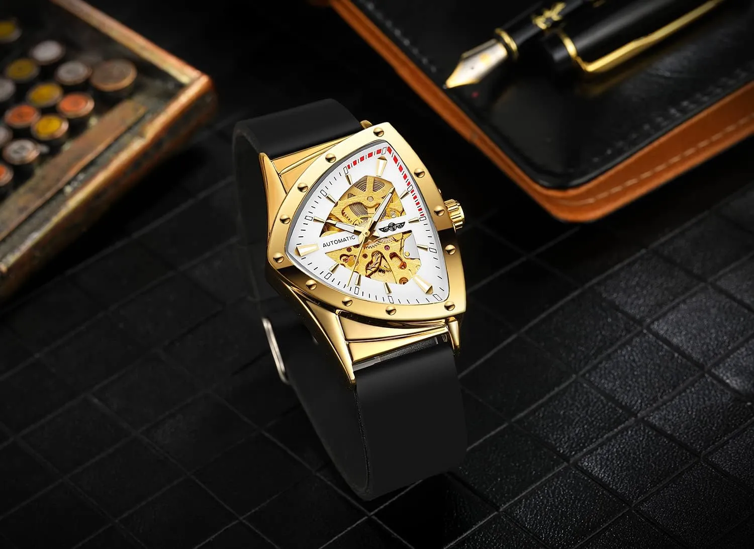 Gosasa Fashion Skeleton Watches for Men Automatic Mechanical Self Winding Triangle Dial Waterproof Luminous Business Casual Watches with Silicone Strap