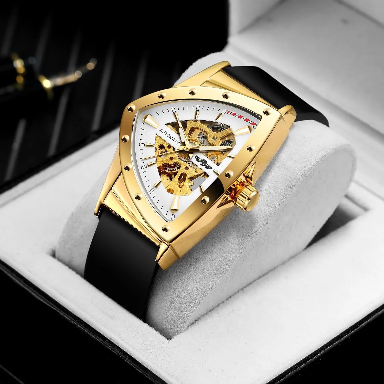 Gosasa Fashion Skeleton Watches for Men Automatic Mechanical Self Winding Triangle Dial Waterproof Luminous Business Casual Watches with Silicone Strap