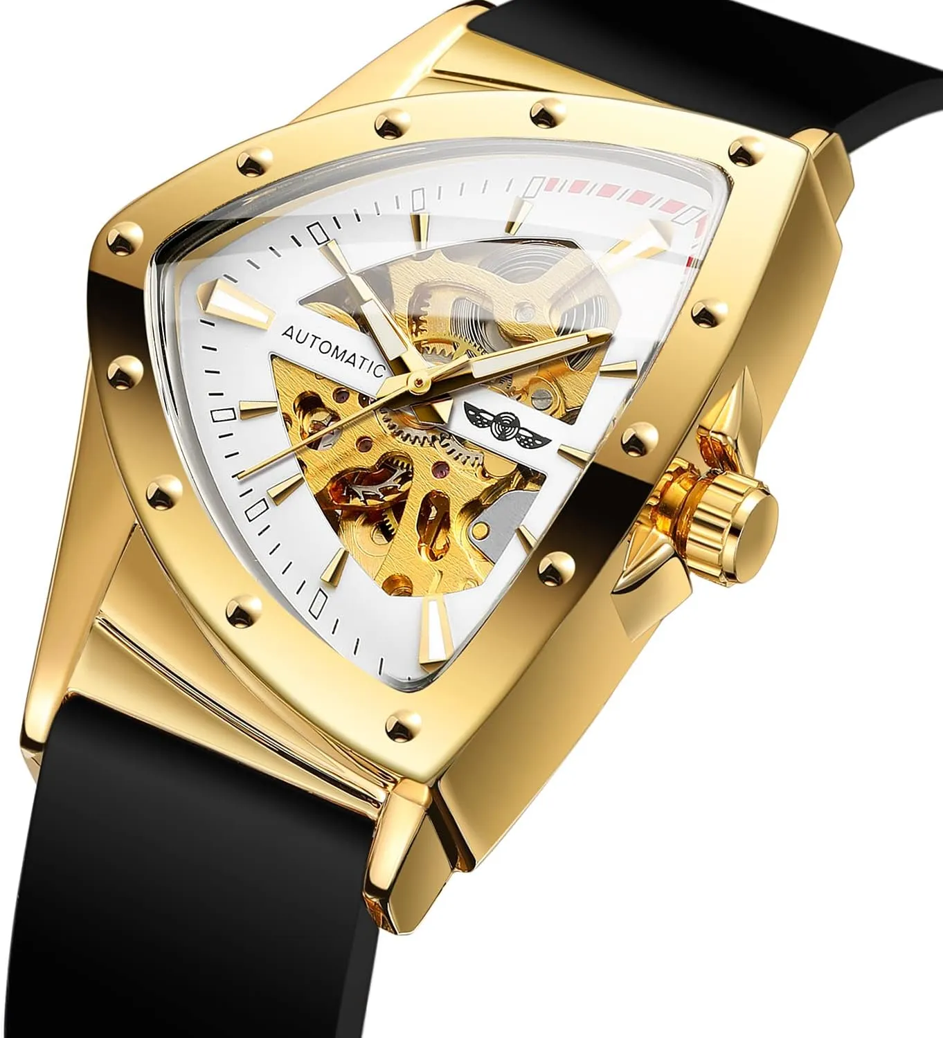 Gosasa Fashion Skeleton Watches for Men Automatic Mechanical Self Winding Triangle Dial Waterproof Luminous Business Casual Watches with Silicone Strap