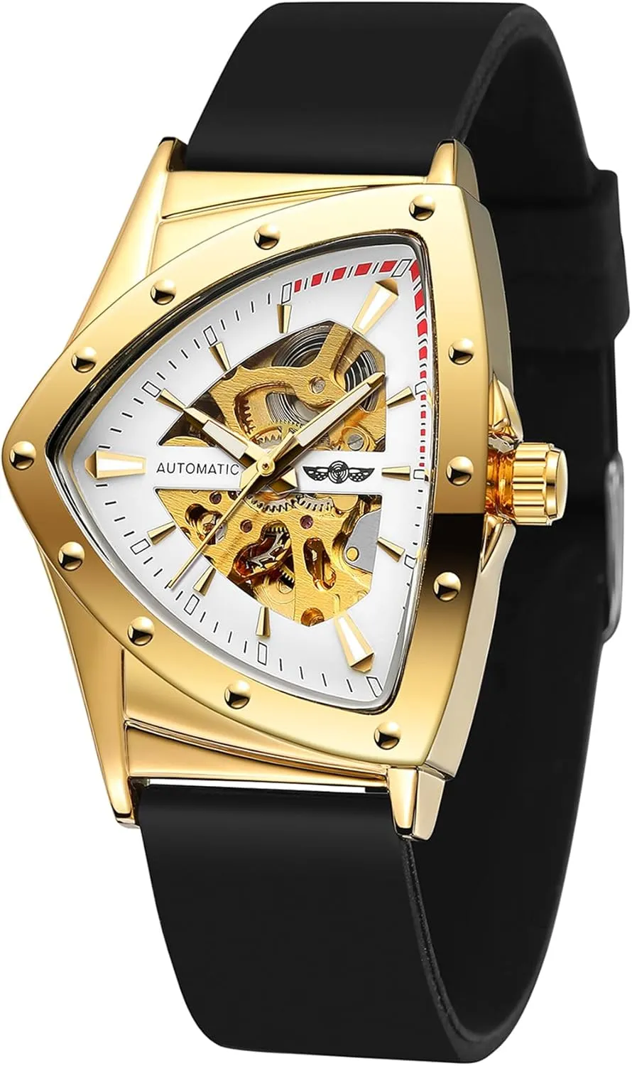 Gosasa Fashion Skeleton Watches for Men Automatic Mechanical Self Winding Triangle Dial Waterproof Luminous Business Casual Watches with Silicone Strap