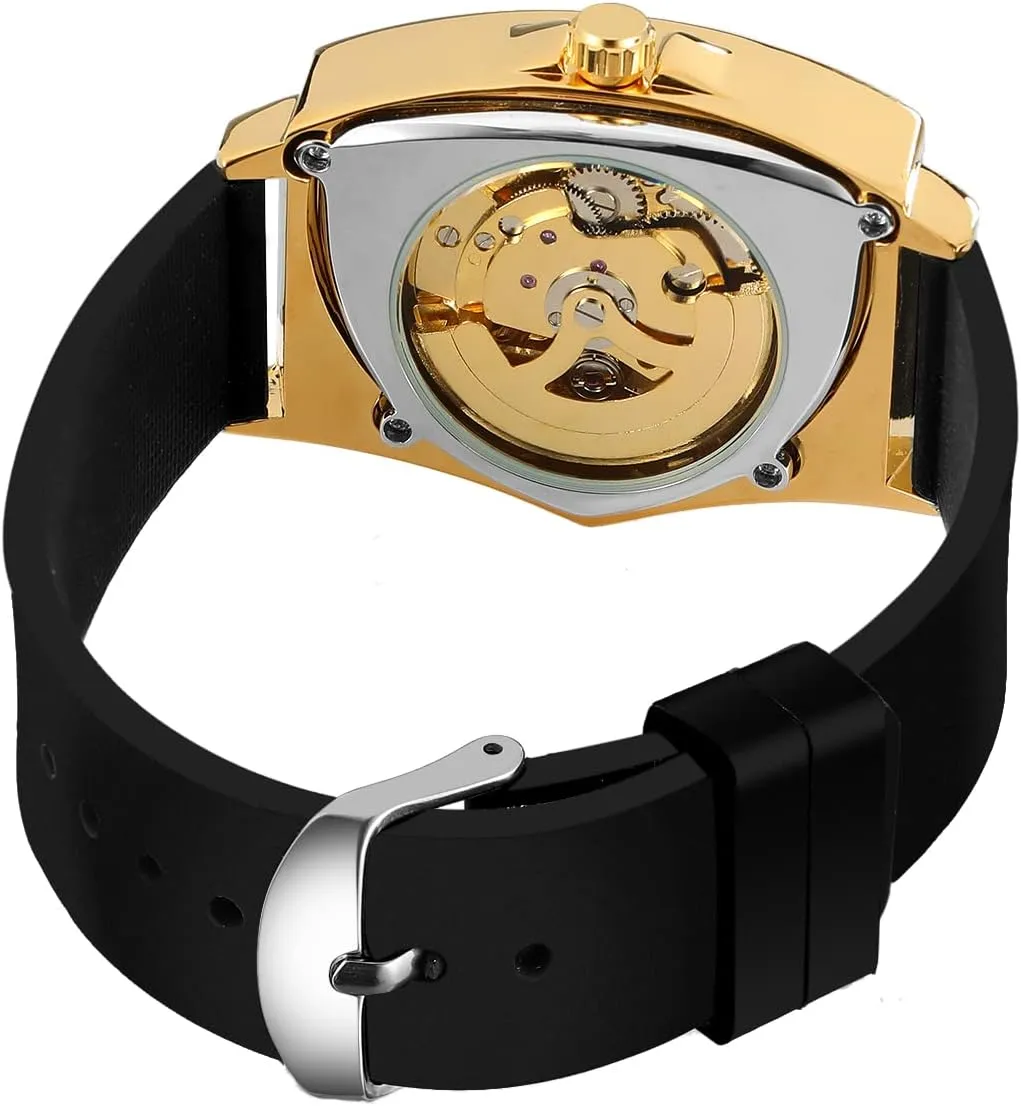 Gosasa Fashion Skeleton Watches for Men Automatic Mechanical Self Winding Triangle Dial Waterproof Luminous Business Casual Watches with Silicone Strap