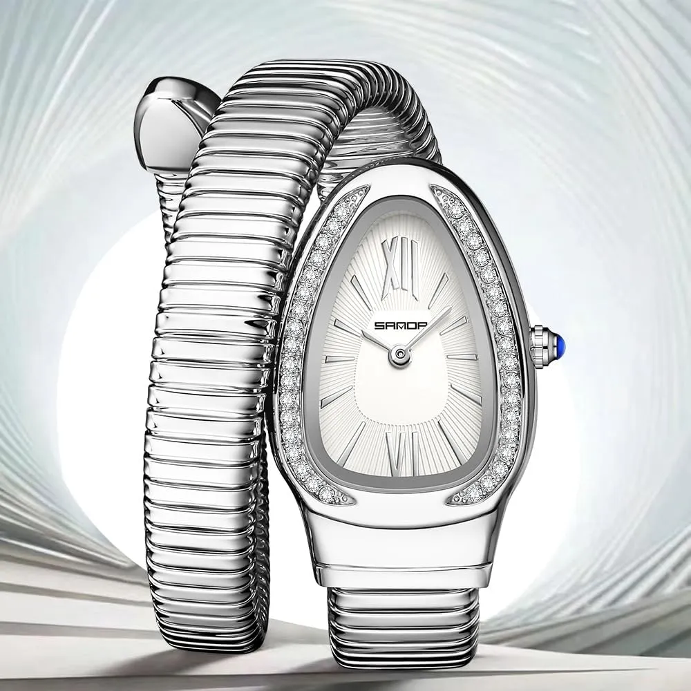 Gosasa Stylish Women's Snake Shape Bangle Watch Unique Design Snake Coil Elegant Dress Diamond Bracelet Ladies Quartz Wristwatch with Roman Numerals Dial