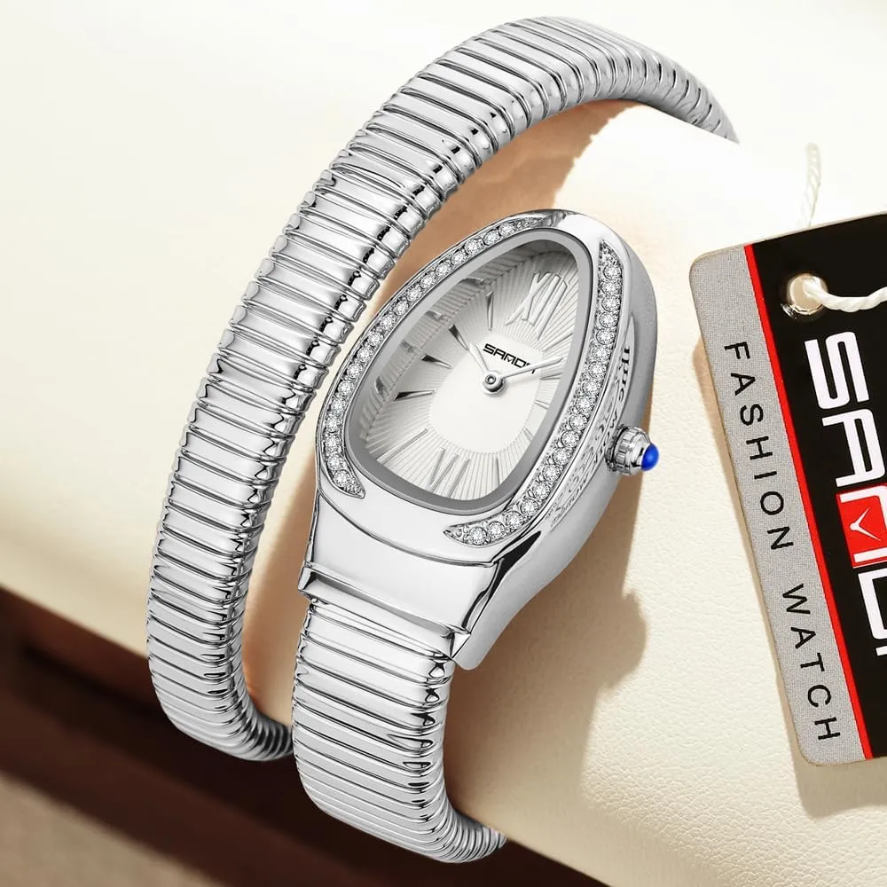 Gosasa Stylish Women's Snake Shape Bangle Watch Unique Design Snake Coil Elegant Dress Diamond Bracelet Ladies Quartz Wristwatch with Roman Numerals Dial