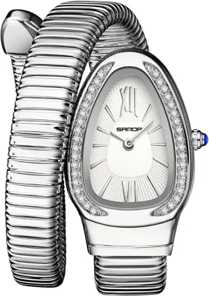 Gosasa Stylish Women's Snake Shape Bangle Watch Unique Design Snake Coil Elegant Dress Diamond Bracelet Ladies Quartz Wristwatch with Roman Numerals Dial