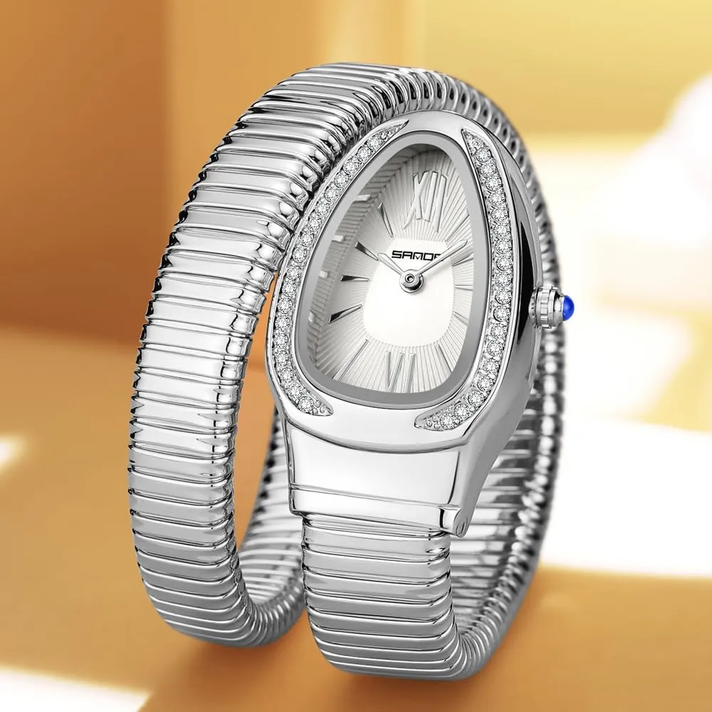 Gosasa Stylish Women's Snake Shape Bangle Watch Unique Design Snake Coil Elegant Dress Diamond Bracelet Ladies Quartz Wristwatch with Roman Numerals Dial