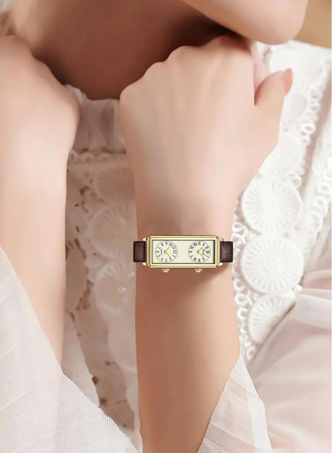 Gosasa Womens Vintage Rectangle Watch Dual Time Zone Waterproof Ladies Quartz Analog Wristwatch with Two Dials, Roman & Arabic Numerals, Leather Strap for Travel & Business