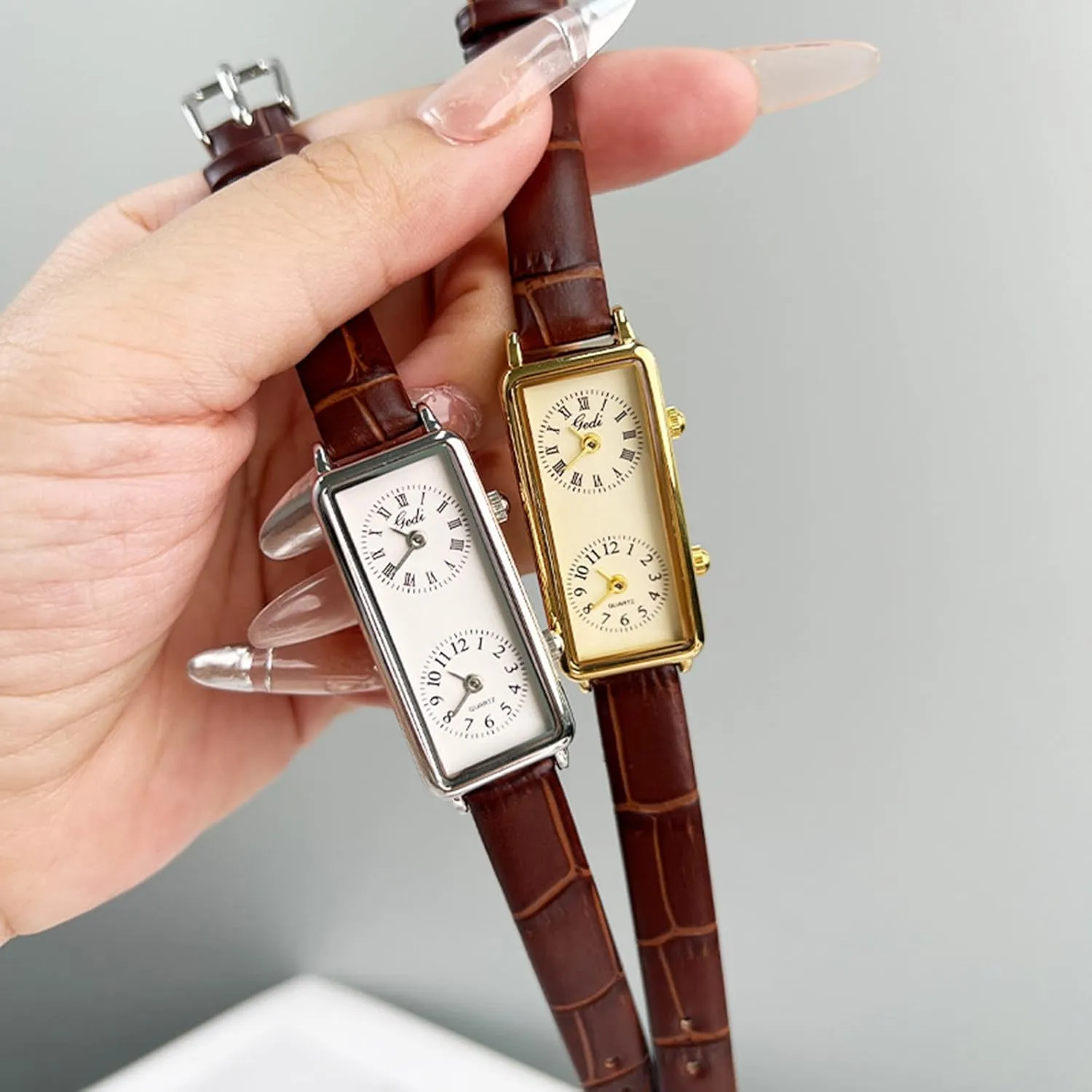 Gosasa Womens Vintage Rectangle Watch Dual Time Zone Waterproof Ladies Quartz Analog Wristwatch with Two Dials, Roman & Arabic Numerals, Leather Strap for Travel & Business
