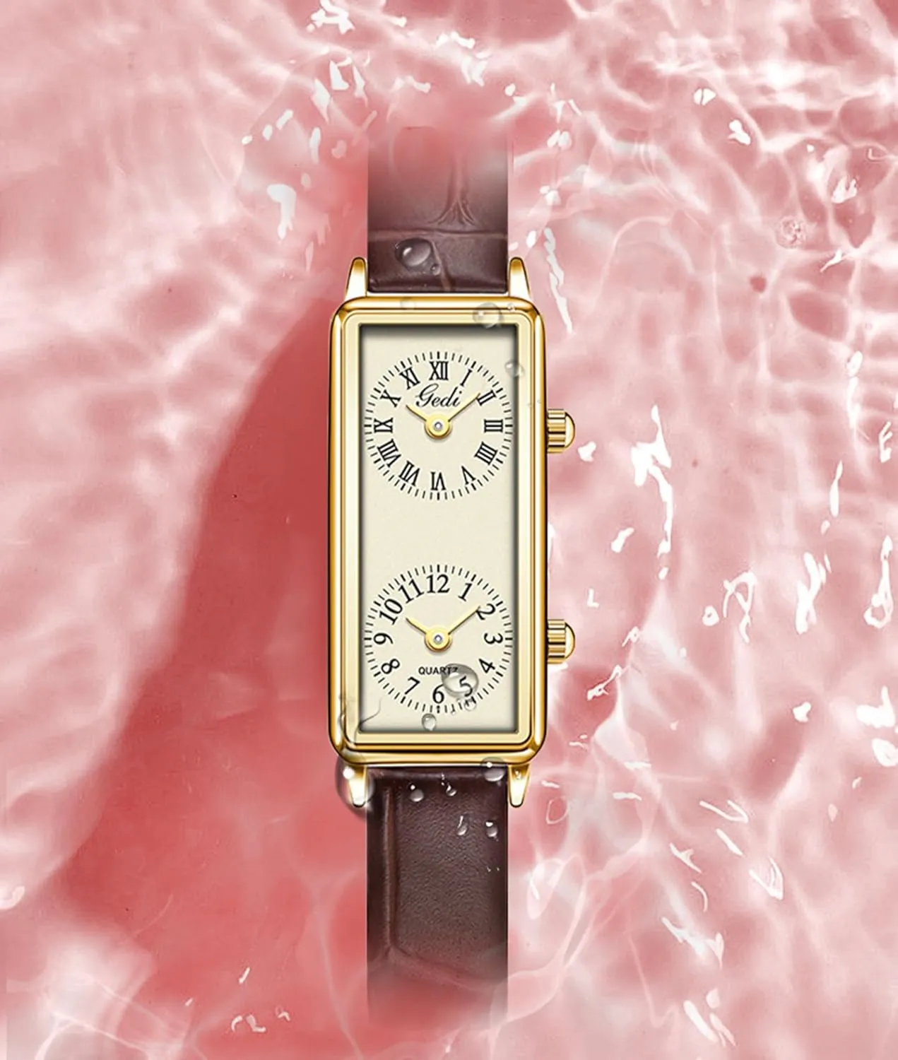 Gosasa Womens Vintage Rectangle Watch Dual Time Zone Waterproof Ladies Quartz Analog Wristwatch with Two Dials, Roman & Arabic Numerals, Leather Strap for Travel & Business