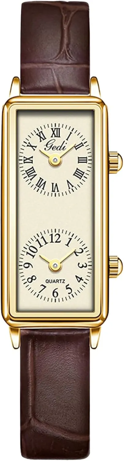 Gosasa Womens Vintage Rectangle Watch Dual Time Zone Waterproof Ladies Quartz Analog Wristwatch with Two Dials, Roman & Arabic Numerals, Leather Strap for Travel & Business