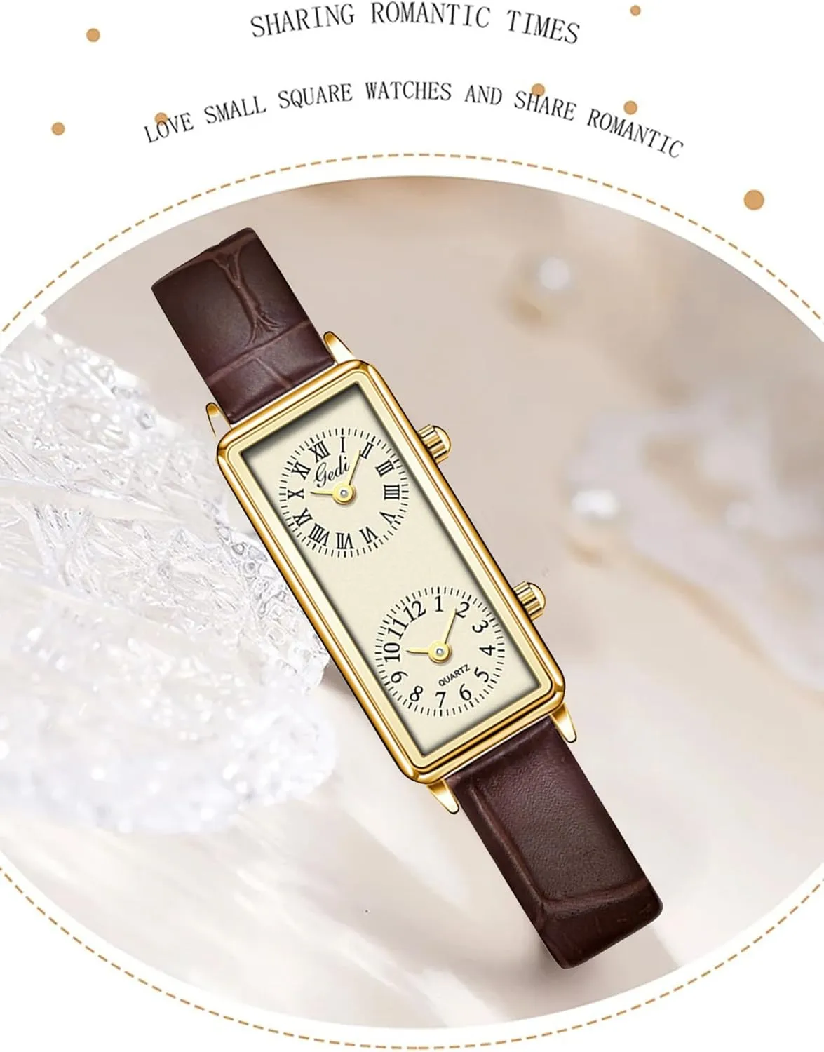 Gosasa Womens Vintage Rectangle Watch Dual Time Zone Waterproof Ladies Quartz Analog Wristwatch with Two Dials, Roman & Arabic Numerals, Leather Strap for Travel & Business