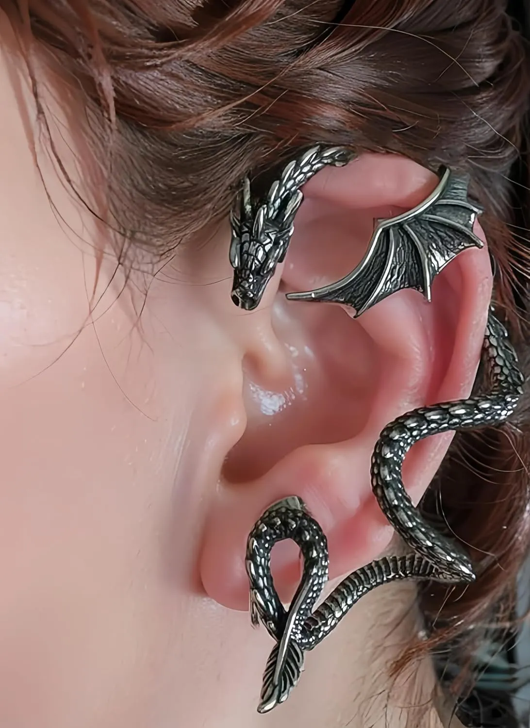 Gothic Dragon Ear Cuff - 1pcs Retro Silver Punk Hip Hop Stainless Steel Snake Dragon Cuff Earring Cartilage Climber Ear Wrap Ear Earrings Stud Wrap Snake Earrings for Women or Men