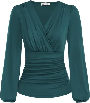 GRACE KARIN 2025 Womens Tops Summer Wrap Blouse V Neck Work Shirt Long Sleeve Dressy Casual Ruched Top Trendy Fashion Outfits