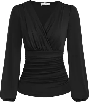 GRACE KARIN 2025 Womens Tops Summer Wrap Blouse V Neck Work Shirt Long Sleeve Dressy Casual Ruched Top Trendy Fashion Outfits