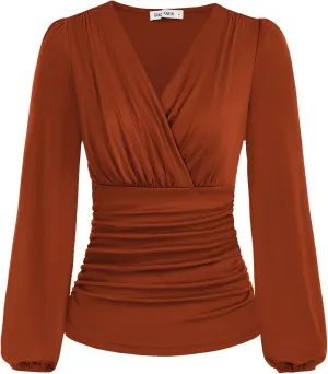 GRACE KARIN 2025 Womens Tops Summer Wrap Blouse V Neck Work Shirt Long Sleeve Dressy Casual Ruched Top Trendy Fashion Outfits