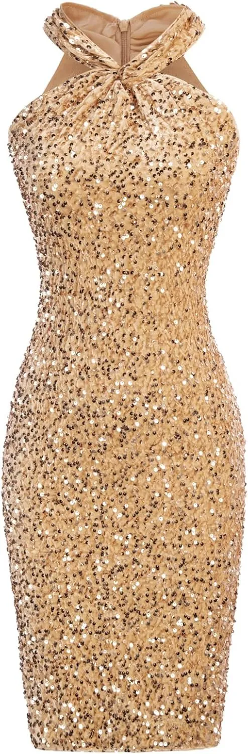GRACE KARIN Sequin Dress for Women Sleeveless Sparkly Glitter Halter Dress Bodycon Mini Club Dresses 2025