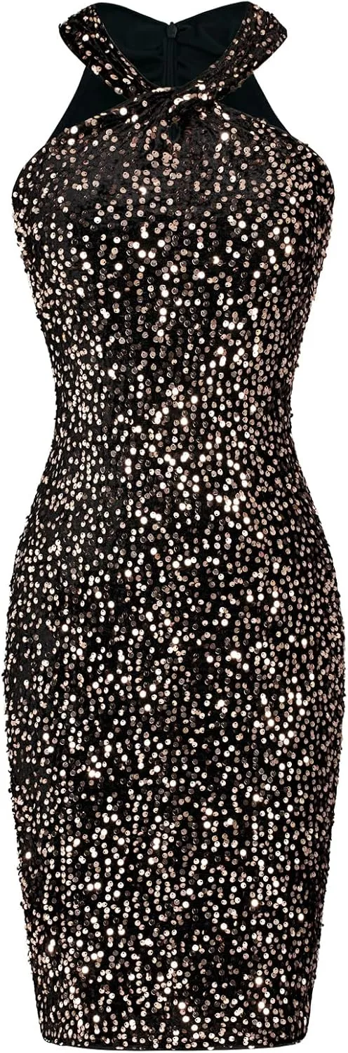 GRACE KARIN Sequin Dress for Women Sleeveless Sparkly Glitter Halter Dress Bodycon Mini Club Dresses 2025