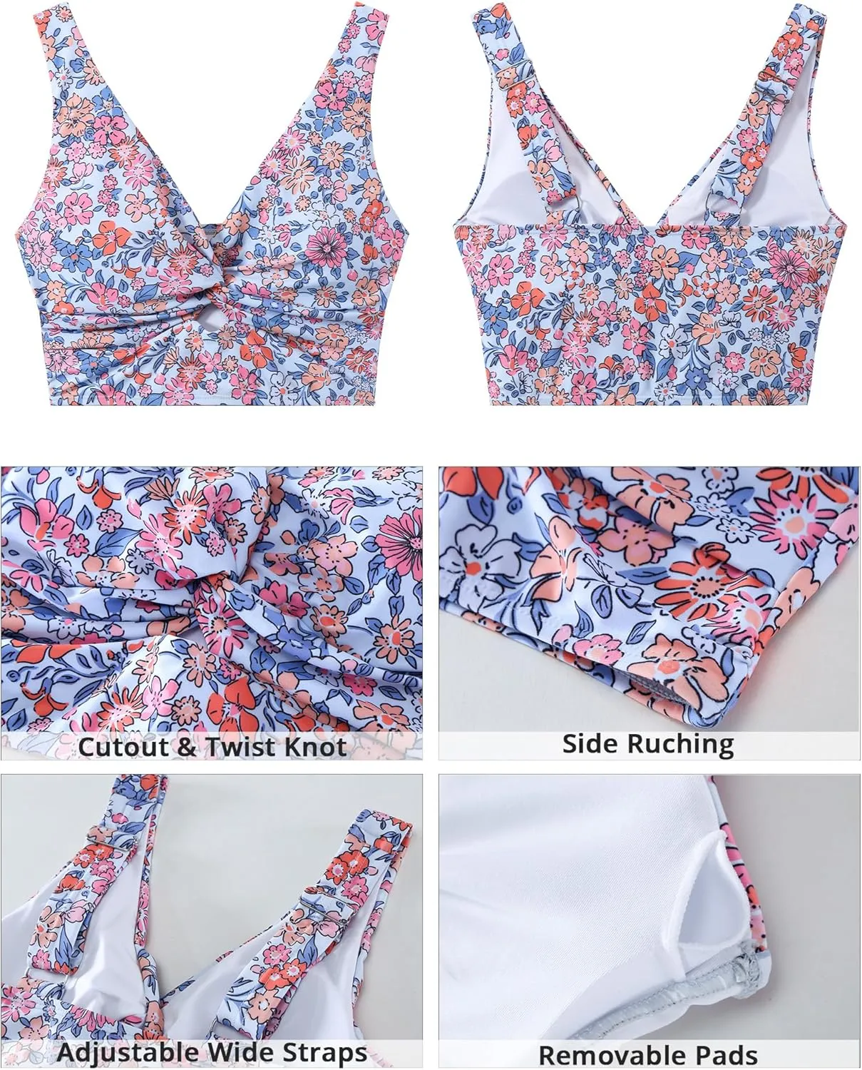 GRAPENT Bikini Tops for Women Cropped Tankini Tops Floral Printed Beach Padded Knot Twist Cut Out Bathing Suit Top Only