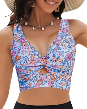 GRAPENT Bikini Tops for Women Cropped Tankini Tops Floral Printed Beach Padded Knot Twist Cut Out Bathing Suit Top Only
