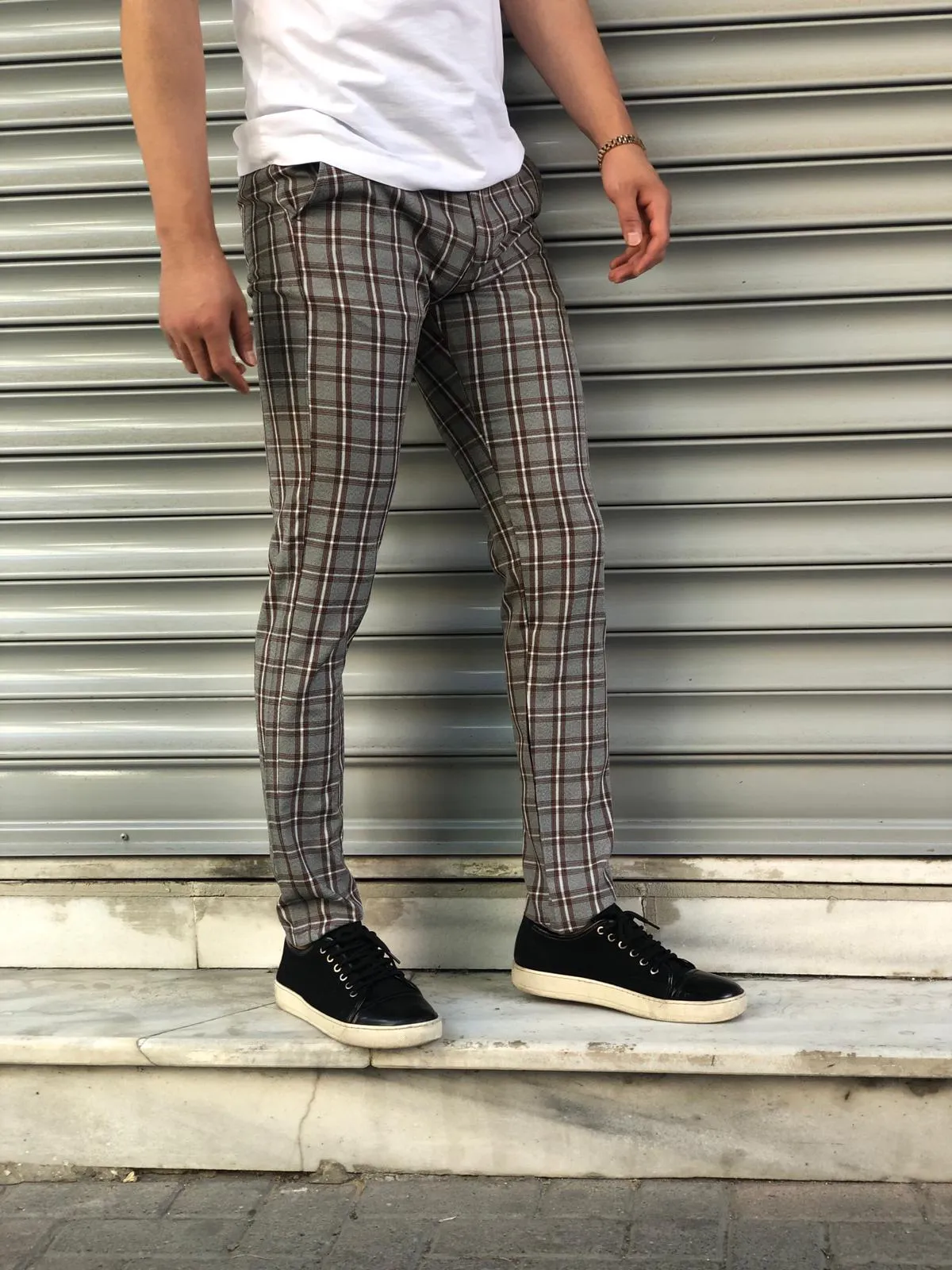 Gray Red Checkered Slim Fit Casual Pant DJ156 Streetwear Pant