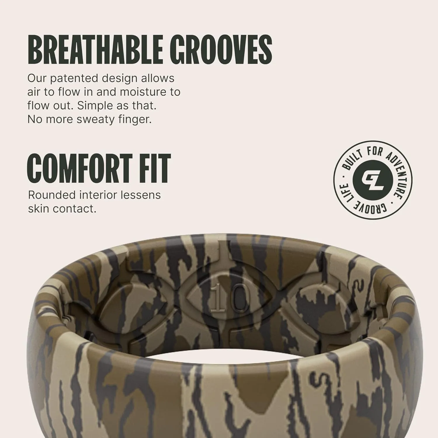 Groove Life Mossy Oak Camo Silicone Ring Breathable Rubber Wedding Rings for Men, Lifetime Coverage, Unique Design, Comfort Fit Ring