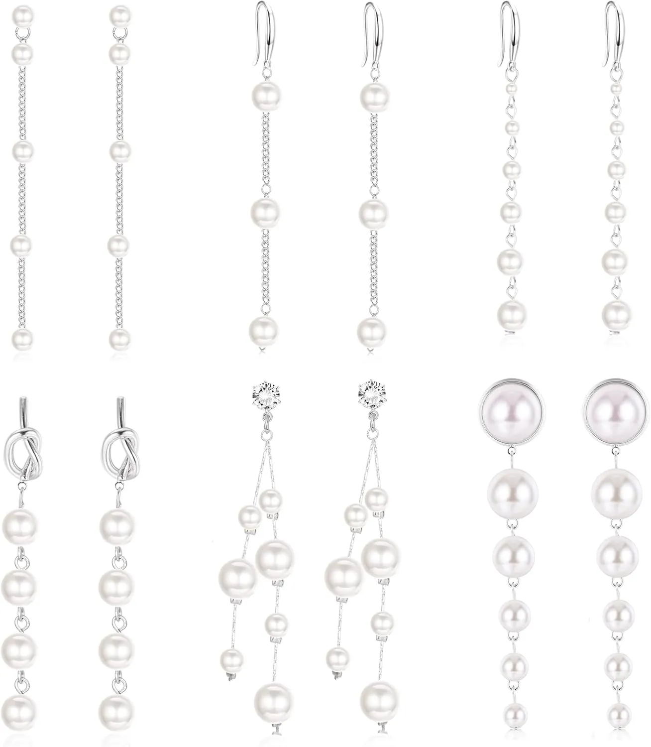 HAIAISO 6 Pairs Long Pearl Earrings for Women - 14K Gold Plated Tassel Drop Dangle Threader Earrings - Jewelry Gifts