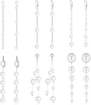 HAIAISO 6 Pairs Long Pearl Earrings for Women - 14K Gold Plated Tassel Drop Dangle Threader Earrings - Jewelry Gifts