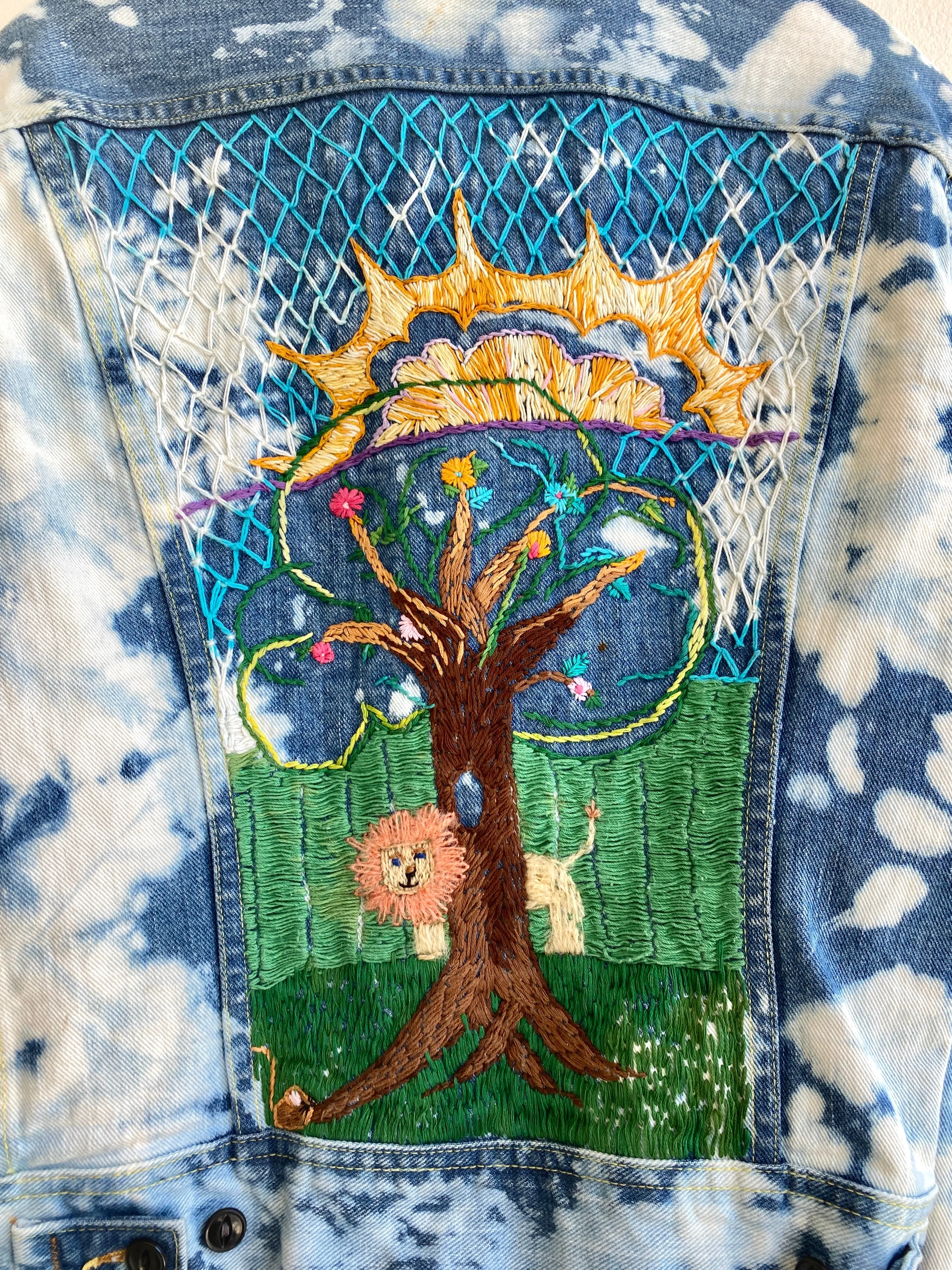 Hand Dyed Vintage Metal Studded Button Up Denim Coat w/ Hand Embroidered Back (Reworked)