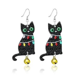 Handmade Halloween Black Cat Earring for Women Girls Lightweight Skeleton Cat Drop Earring Cute Bell Christmas Cats Dangle Earrings (Bell Christmas Cat)