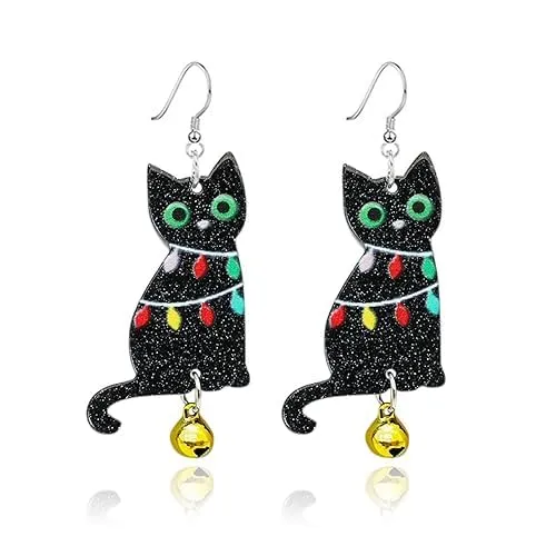 Handmade Halloween Black Cat Earring for Women Girls Lightweight Skeleton Cat Drop Earring Cute Bell Christmas Cats Dangle Earrings (Bell Christmas Cat)